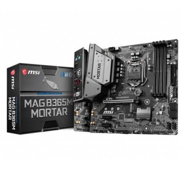 MSI MAG B365M MORTAR motherboard shown with its retail box. MSI MAG B365M MORTAR motherboard shown with its retail box.